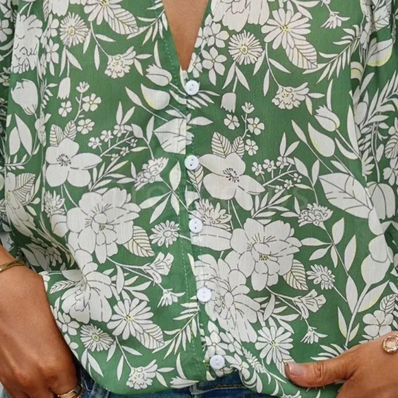 Floral Print Green White Button Down Shirt Bishop Long Sleeve - Picture 10 of 11